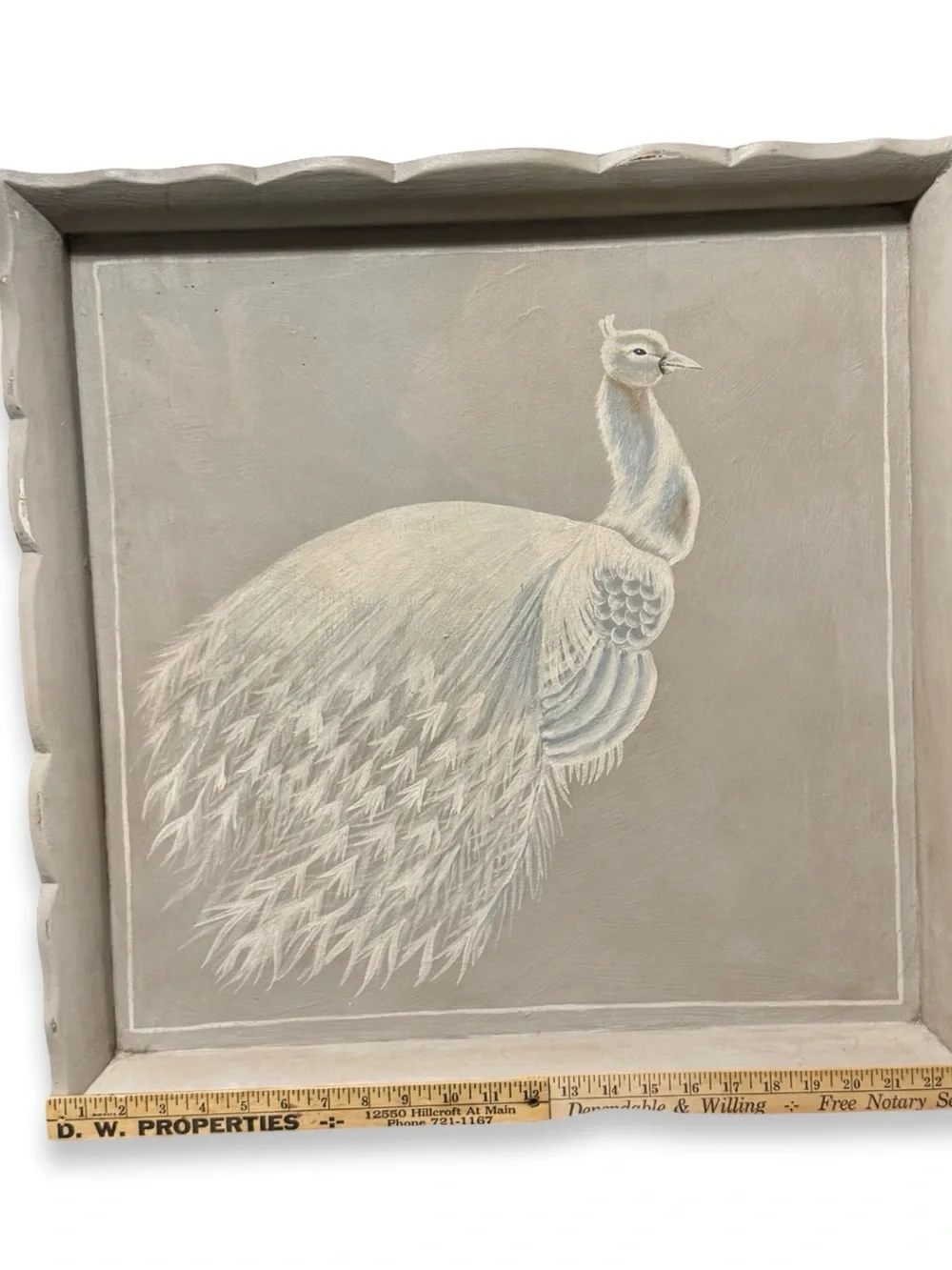 Vintage Hand Painted White Peacock Wood Tray Wall Art 24x24